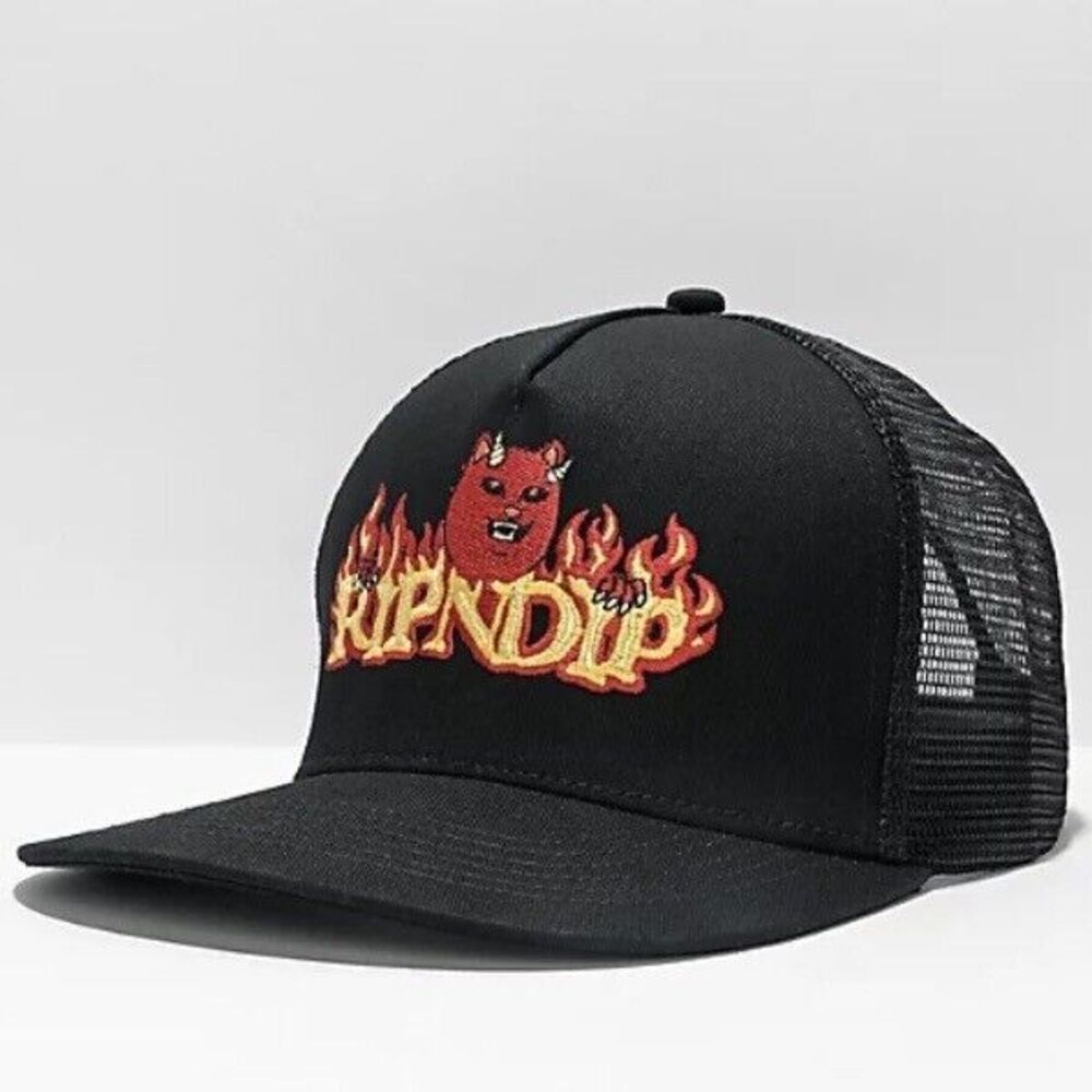 RIPNDIP Devil Nermal Flames Snapback Trucker Hat Black One Size Mesh Cap New NWT